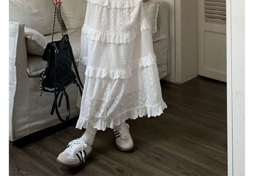 KUMI - Maxi A-lijn rok met elastische taille, effen ruches, geborduurde oogjes