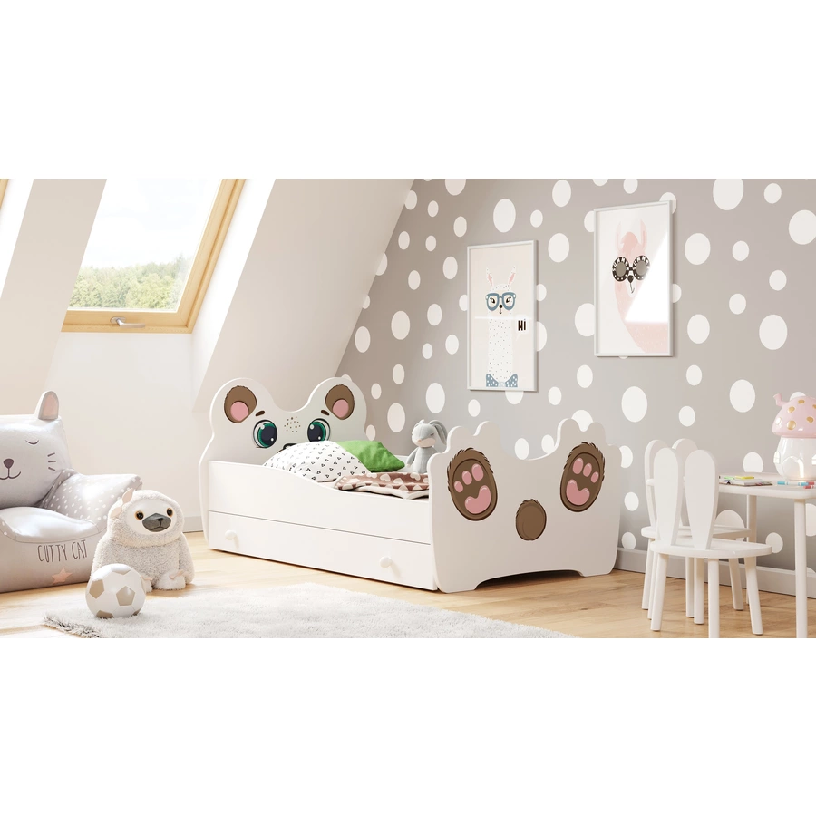 Kids Collective Kinderbett Jugendbett 80x160 cm mit Matratze, Schublade und Lattenrost, MDF-Holz weiß - Katzenmotiv