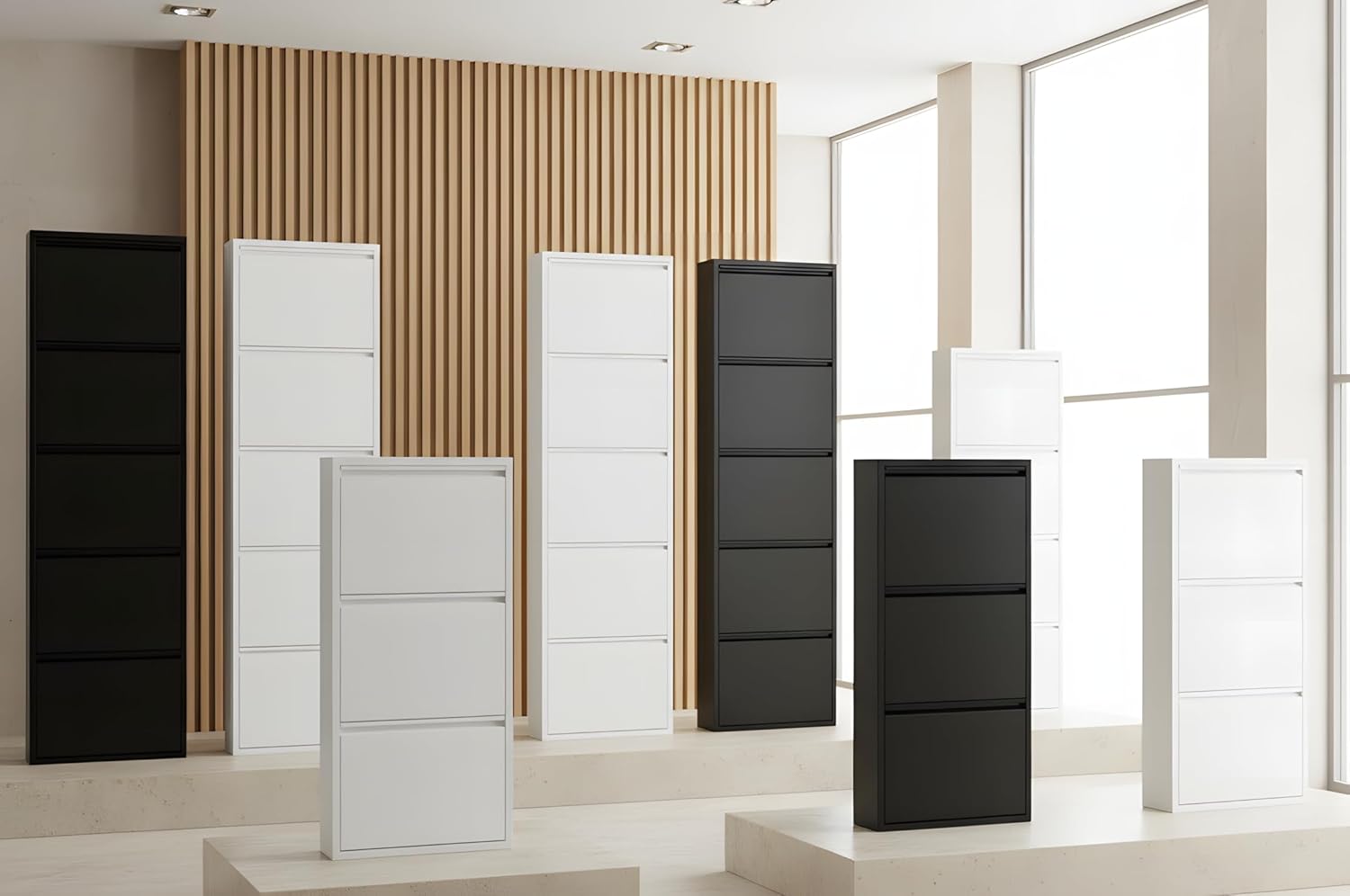 Dynamic24 ebuy24 Pisa mit 9 Klappen/Türen in Metall Weiss. Fertig montiert geliefert. – Schuhschrank – B152 x H106 x T16 cm – Farbe Weiß – Klappbar/faltbar – modern – für Flur & Eingangsbereich