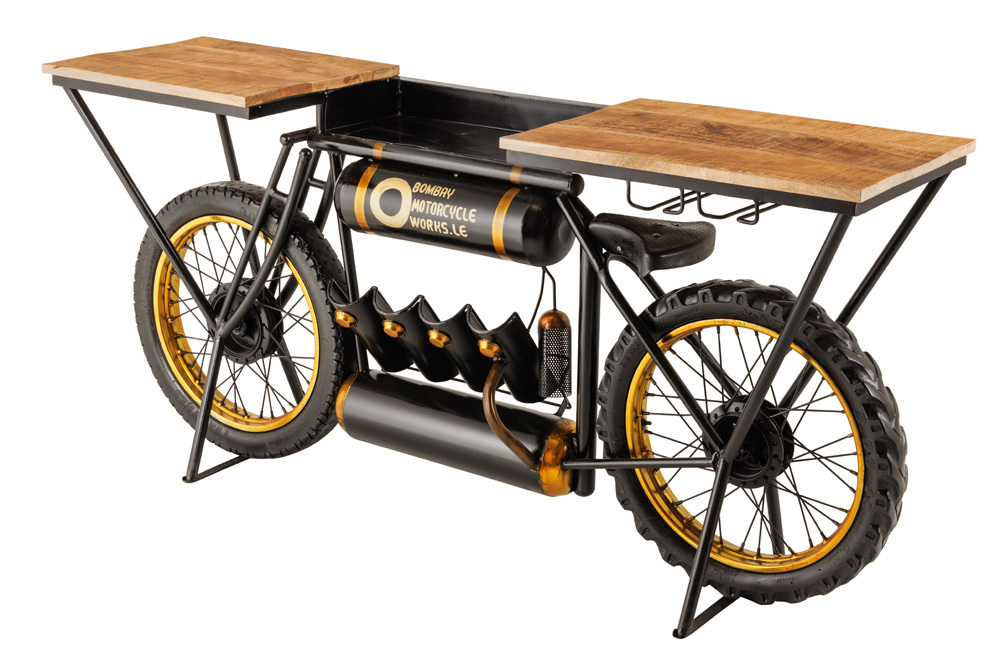 Industrial Konsolentisch MOTORCYCLE 185cm Mangoholz schwarz Motorrad Bartheke Upcycling