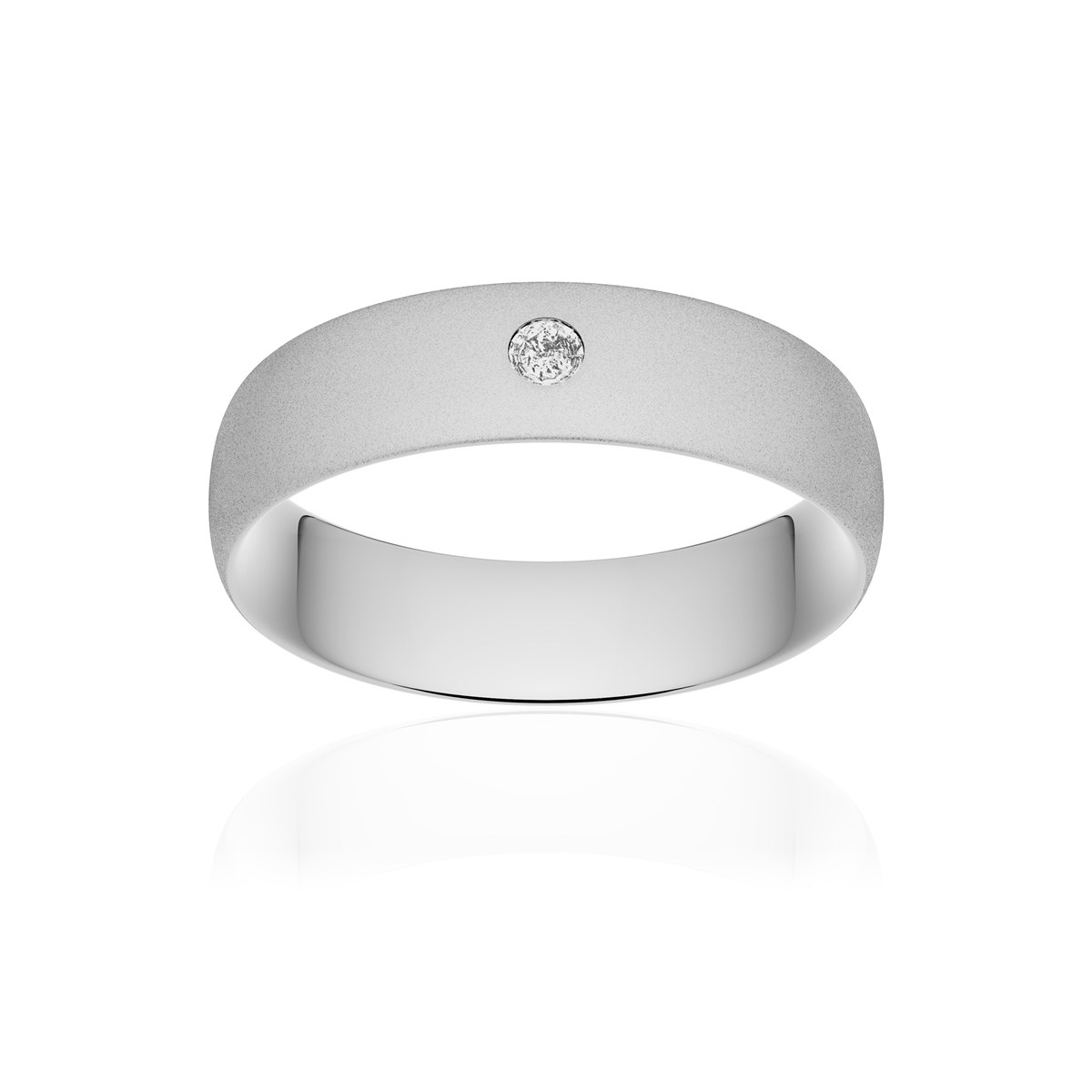 Alliance or 750 blanc sablé demi-jonc confort 6mm diamant brillant