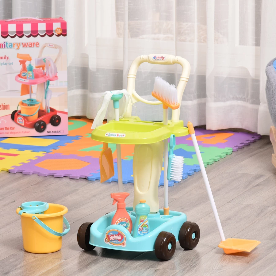 HOMCOM Kinderreinigungsset mit Rollen und passendes Zubehör bunt