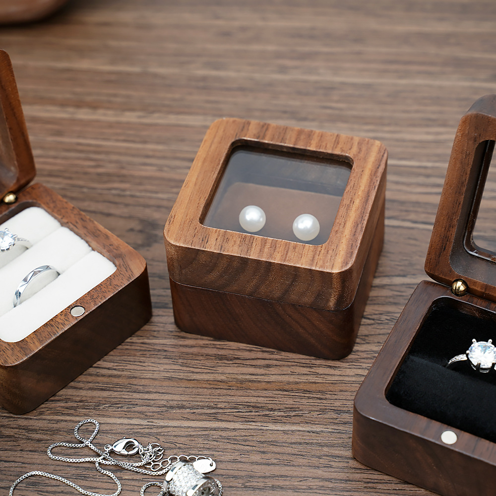 (55x55x40mm) Quadrat Ringschatulle Holz Schmuck Organizer Box für 2 Ringe - Braun / Weiss