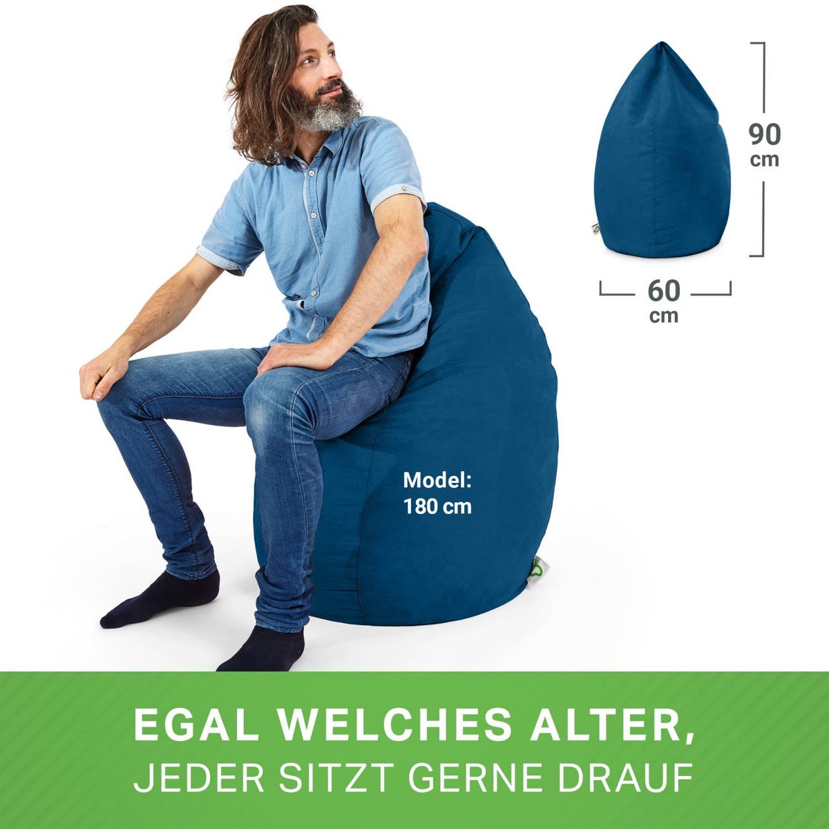 Green Bean Zitzak met rugleuning 60x60x90cm - Binnenzitkussen 220L vulling, comfortabel, wasbaar - Zitzak vloerkussen, loungestoel, voetenbank - blauw