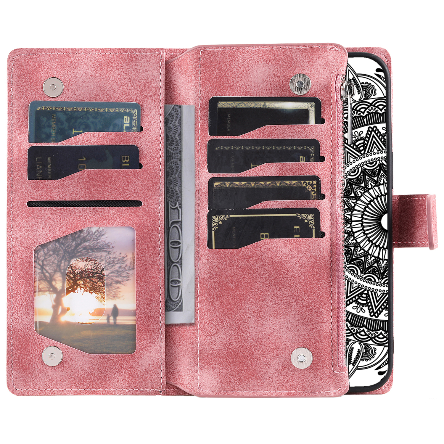Samsung Galaxy S24 FE Leder Tasche Flip Cover mit Reissverschluss - Mandala Flowers Imprint - Rosa