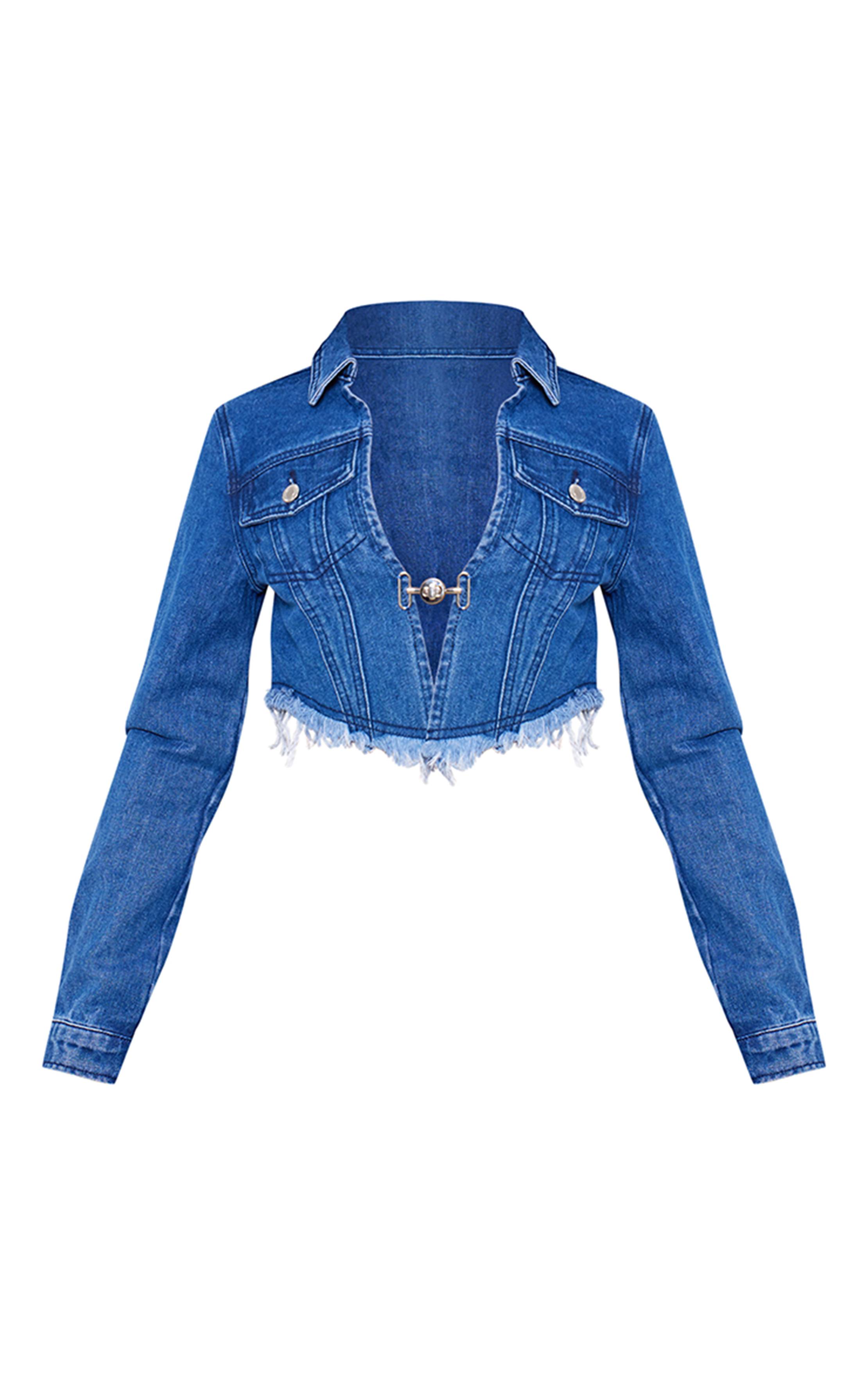Bleu Veste Courte Ajustée En Denim Délavé À Col Ouvert Petite Taille