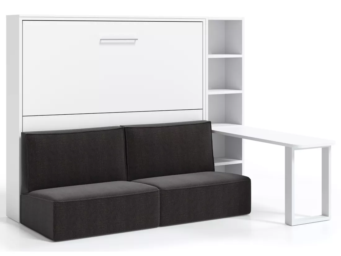Lit escamotable 160x200 canapé etagere bureau Prolok-Avec matelas-Canapé Noir-Avec étagère-Structure et Façade Blanche-Avec bureau