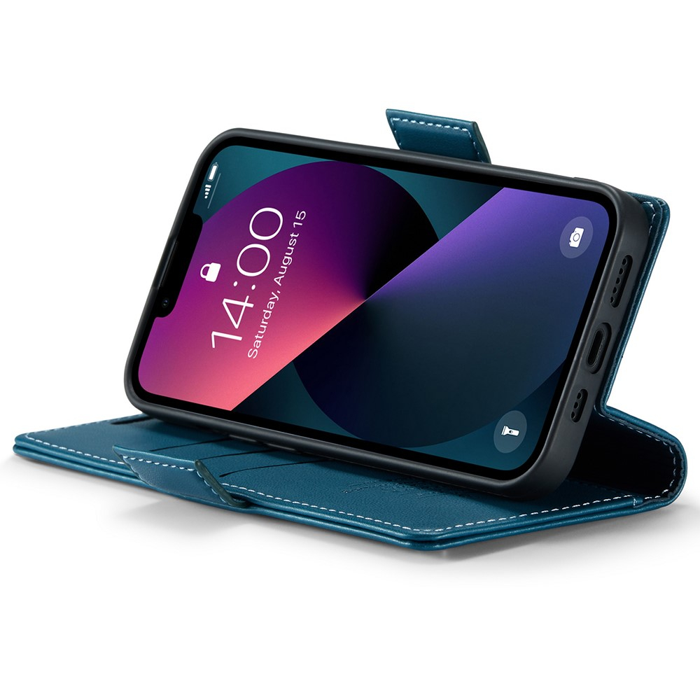 iPhone 15 Leder Tasche Flip Wallet Etui mit Kartenfächern Litchi Look (RFID Schutz) - Blaugrün