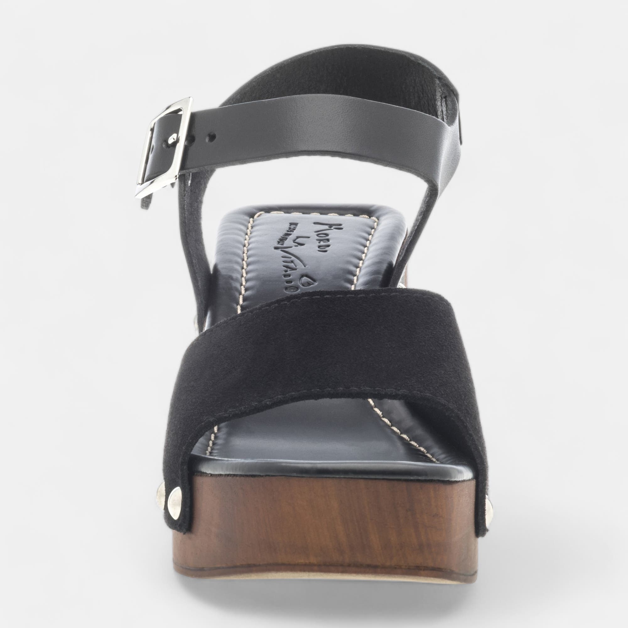 Chaussures semelle bois à talon Femme en cuir noir