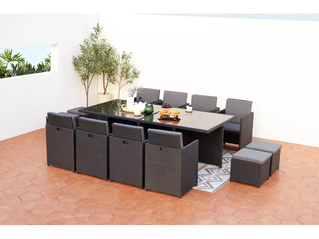 Salon de jardin 12 places en résine tressée gris MONACO