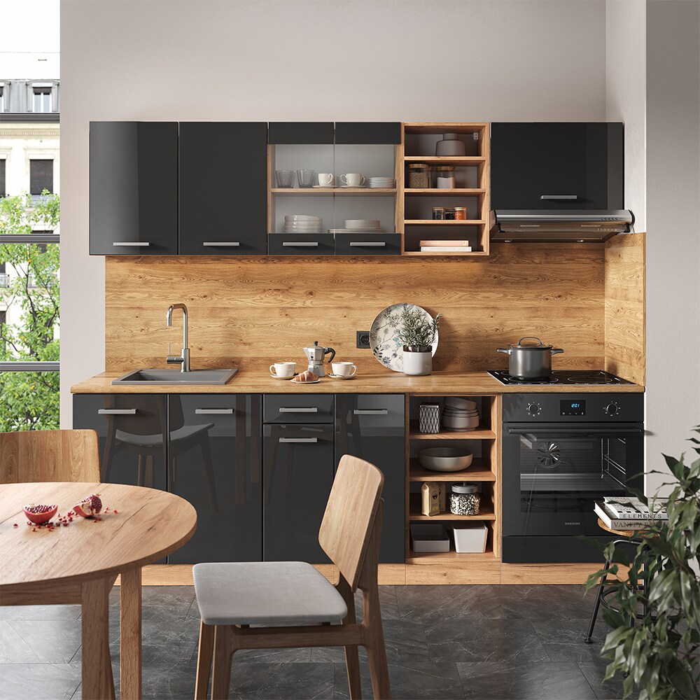 Vicco Küchenzeile Küchenblock Einbauküche R-Line 240 cm Eiche Anthrazit Hochglanz