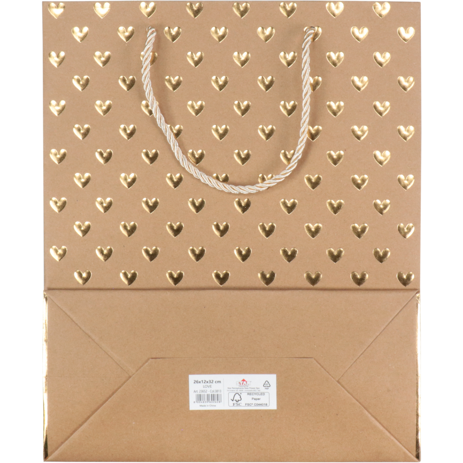 Tas, Love, Papier, 26x 12x32cm, draagtas, bruin/goud