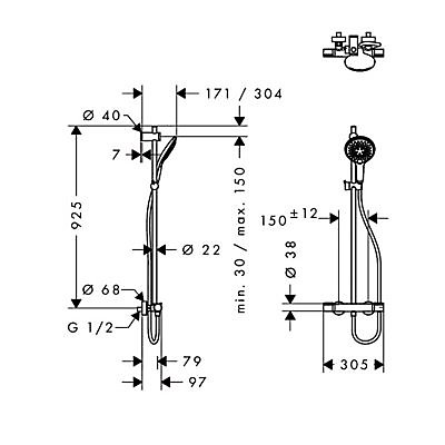 Kit de douche thermostatique avec douchette 3 jets + flexible + barre réglable, chrome, Hansgrohe My Select S 150