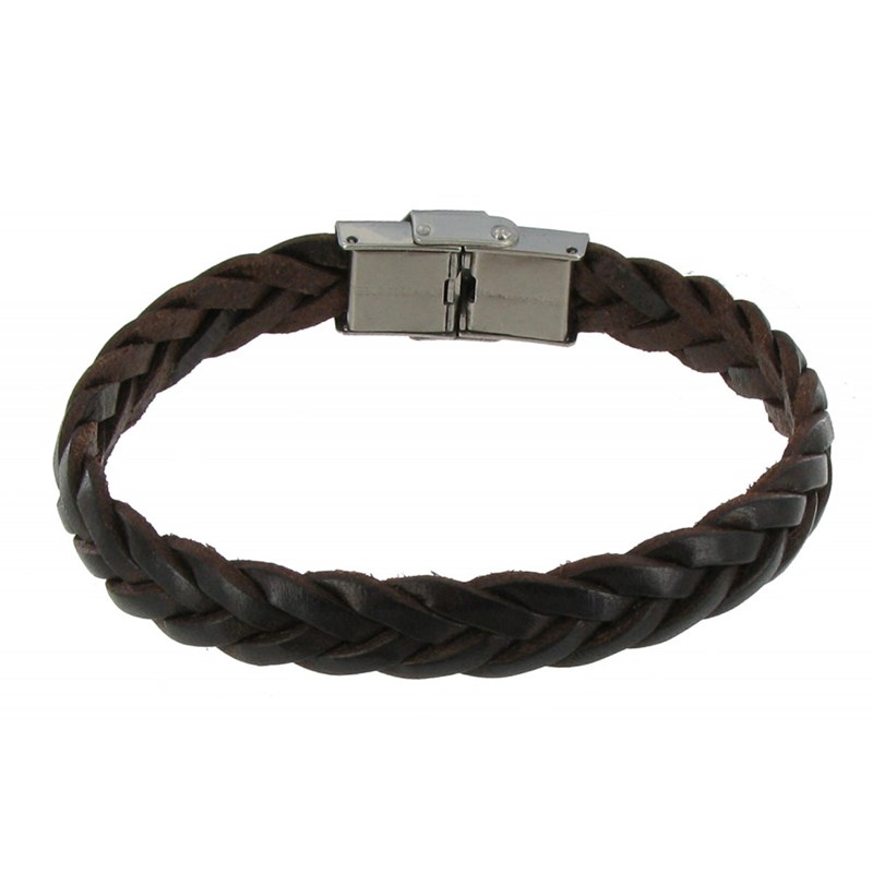 Bracelet Homme Cuir Marron Foncé Tréssé Plat Fermoir Acier Inoxydable - taille 18 cm