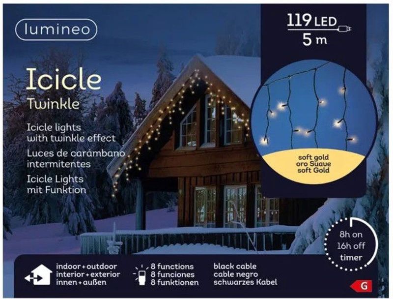 Lumineo - Icicle 5 Meter - Kerstverlichting - Zwart - 119 LED Soft Gold