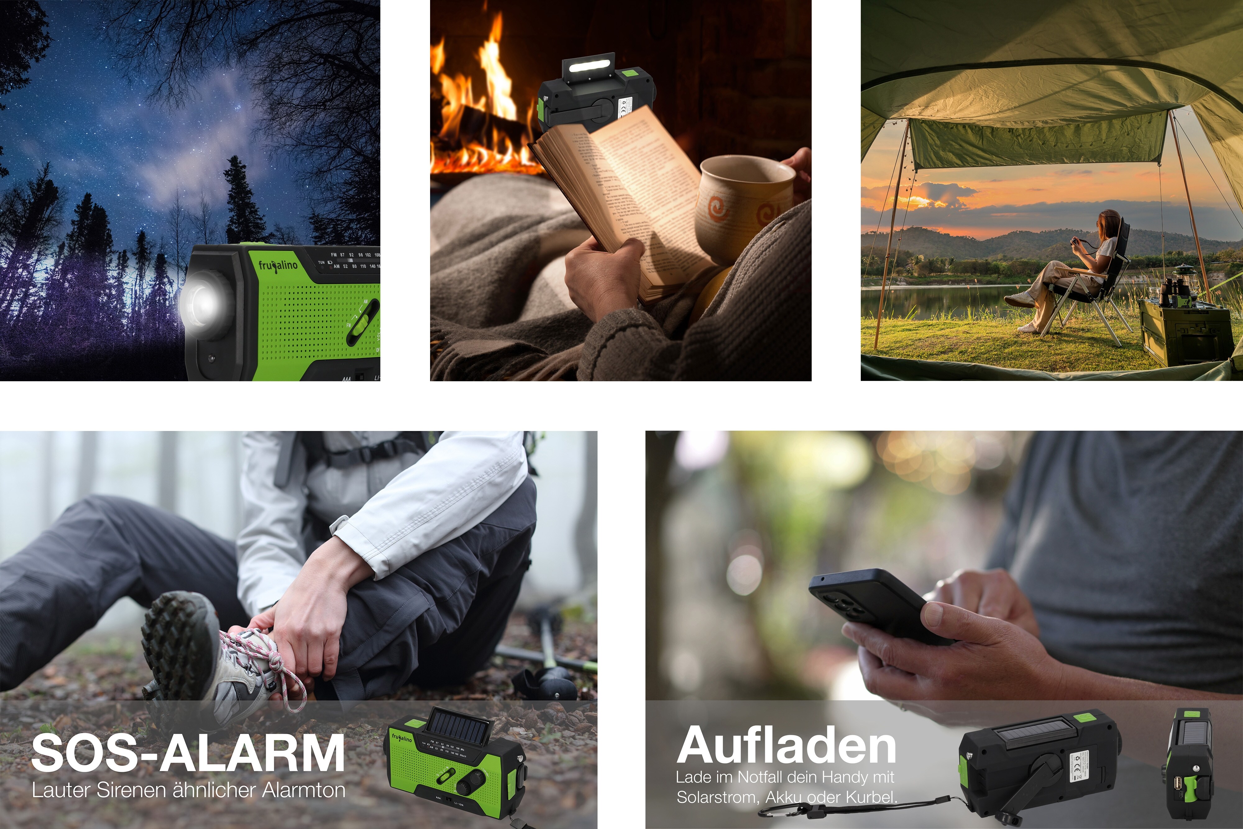 Frugalino Blackout Notfall-Radio, Kurbel, Solar, Akku, SOS Alarm