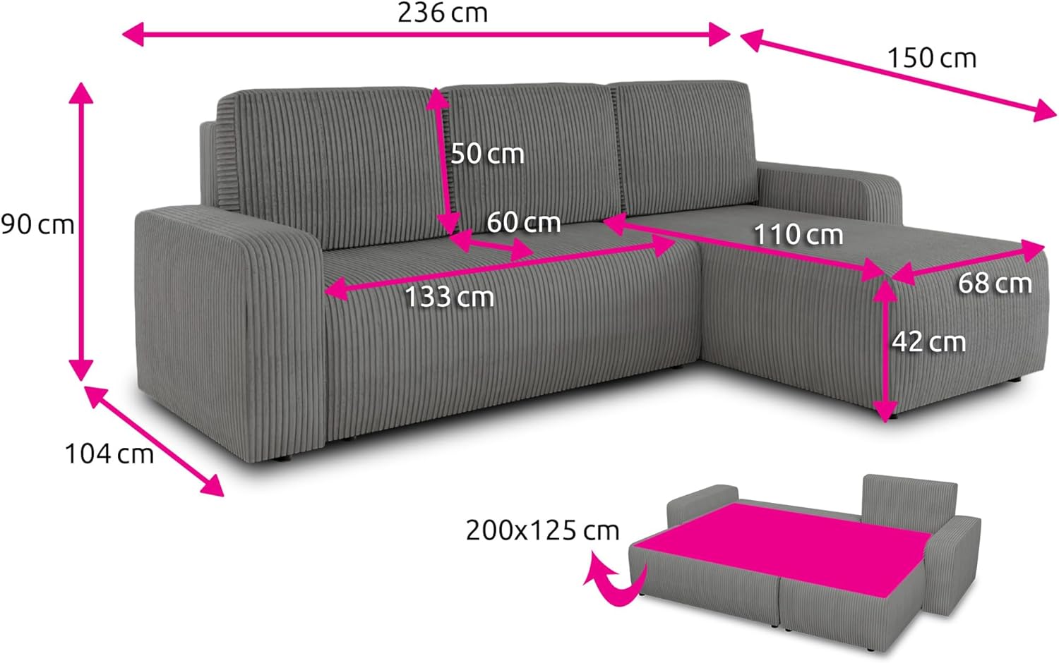 Sofnet Ecksofa Roma L mit Schlaffunktion und Bettkasten - Cord Stoff - L-Form Couch, Polstersofa, Schlafsofa, Sofagarnitur - Ottomane Universal (Grau (Poso 110))