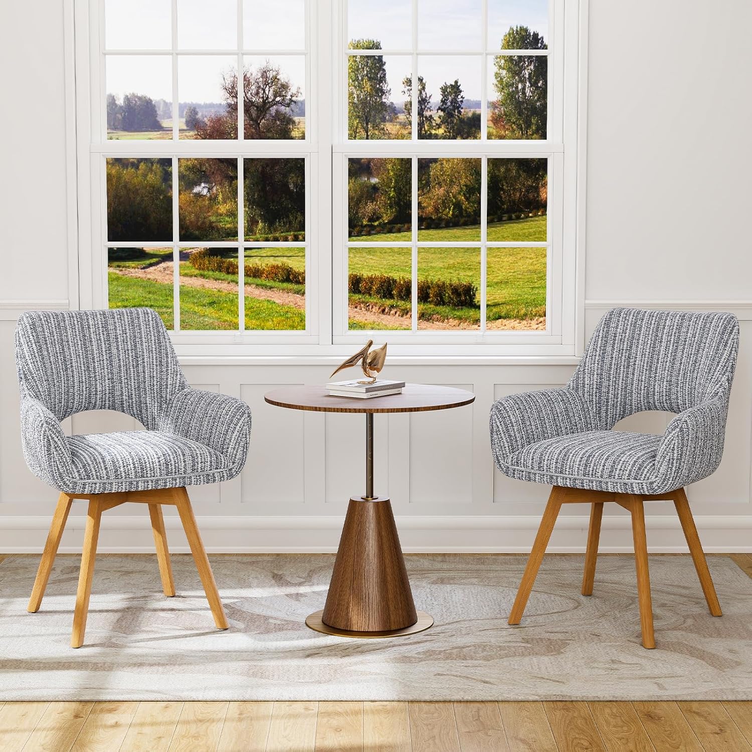 2er Set Esszimmerstuhl Drehbar mit Armlehne und Holzbeinen, 360° Drehbar, Moderner Polsterstuhl mit Stoffrückenlehne für Küche, Wohnzimmer, Schlafzimmer, Hellgrau