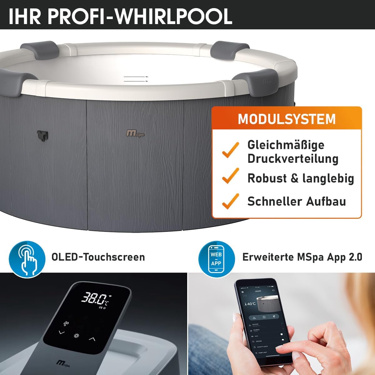 BRAST Whirlpool MSpa Denver & Rova mit Fester Außenwand | Ø182x70cm | LED-Beleuchtung mit 20 Farben für 6 Personen | 130 Massagedüsen | Ganzjähriger Einsatz Winterfest | In & Outdoor | Denver