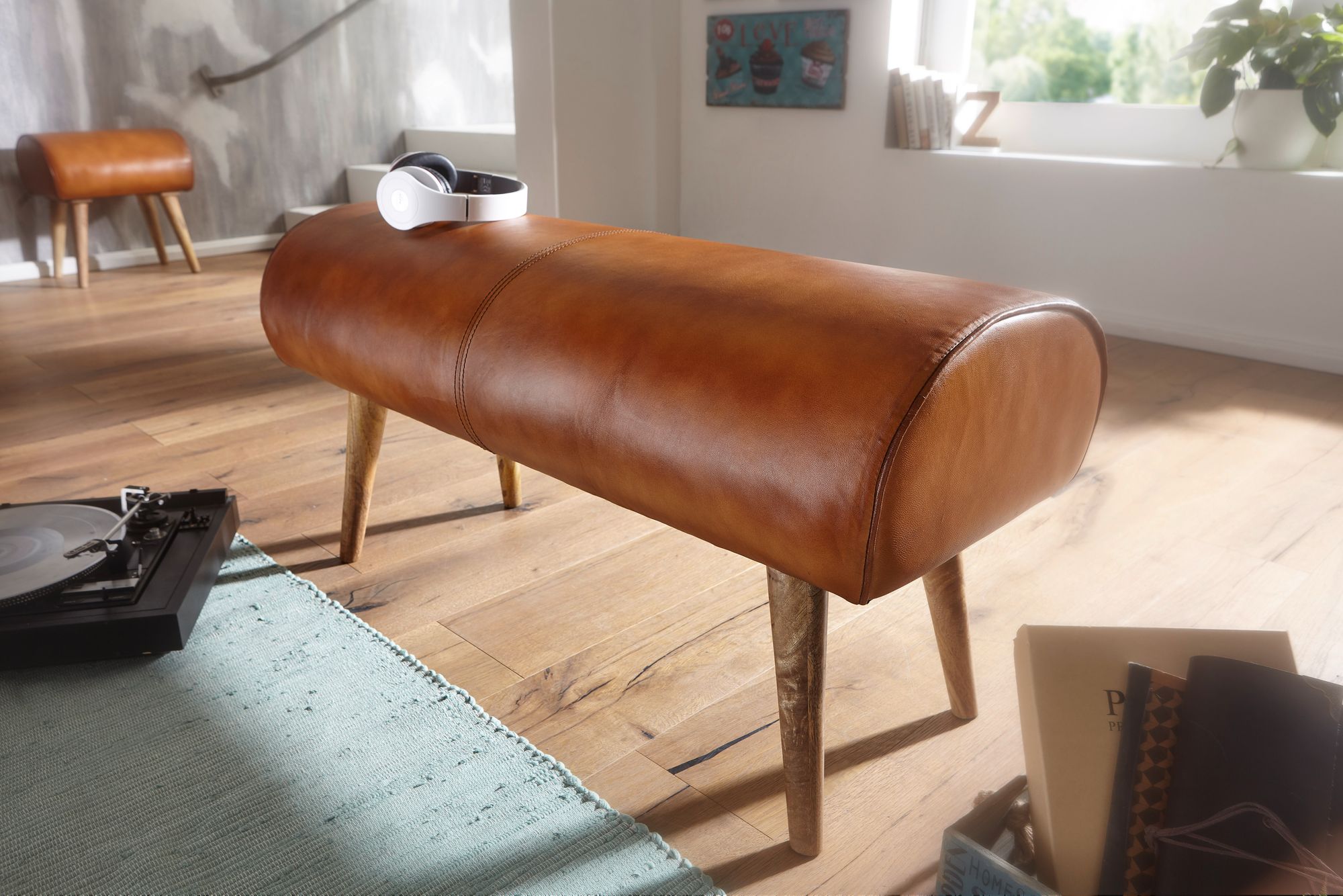 FineBuy Sitzbank Echtleder 100 cm Springbock Lederbank Flurbank Massivholz Bank