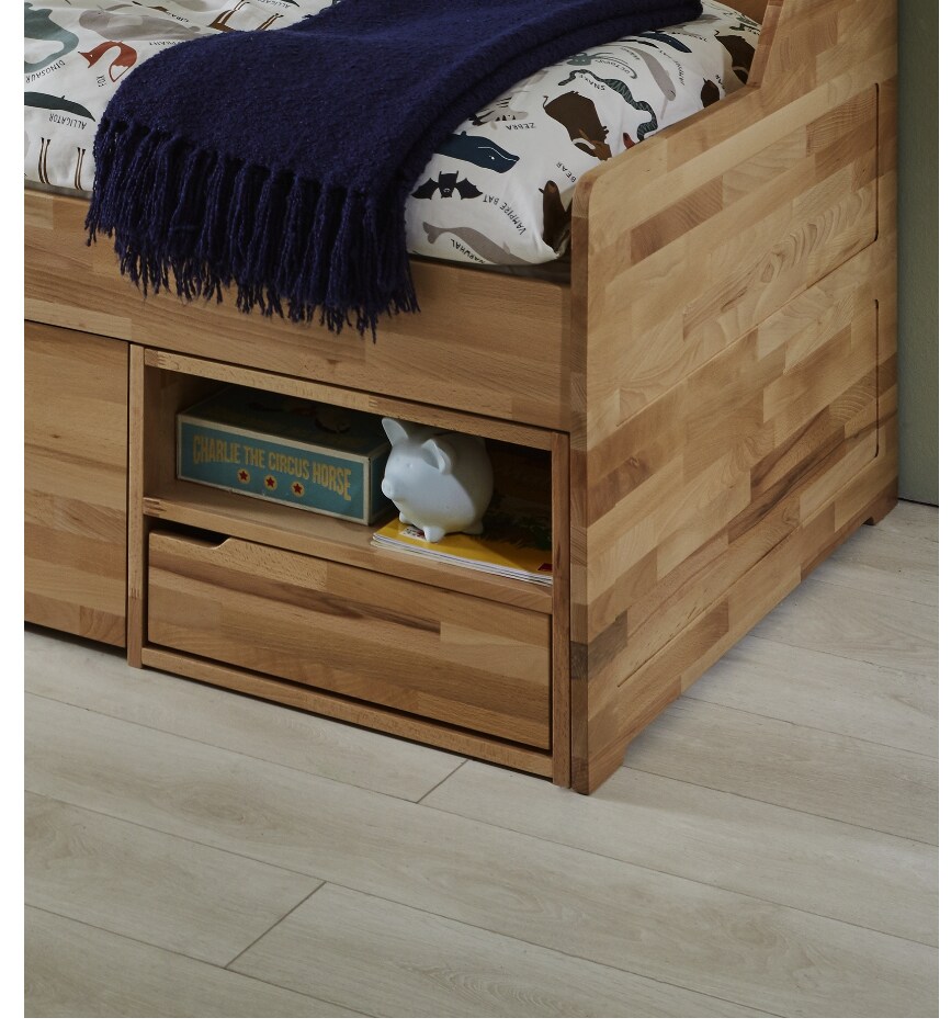 Relita Kojenbett LEVI 90x200 Buche massiv natur lackiert, inkl. Rollrost, 2 kleine Schubladen, 2 offene Fächer, 1 große Schublade