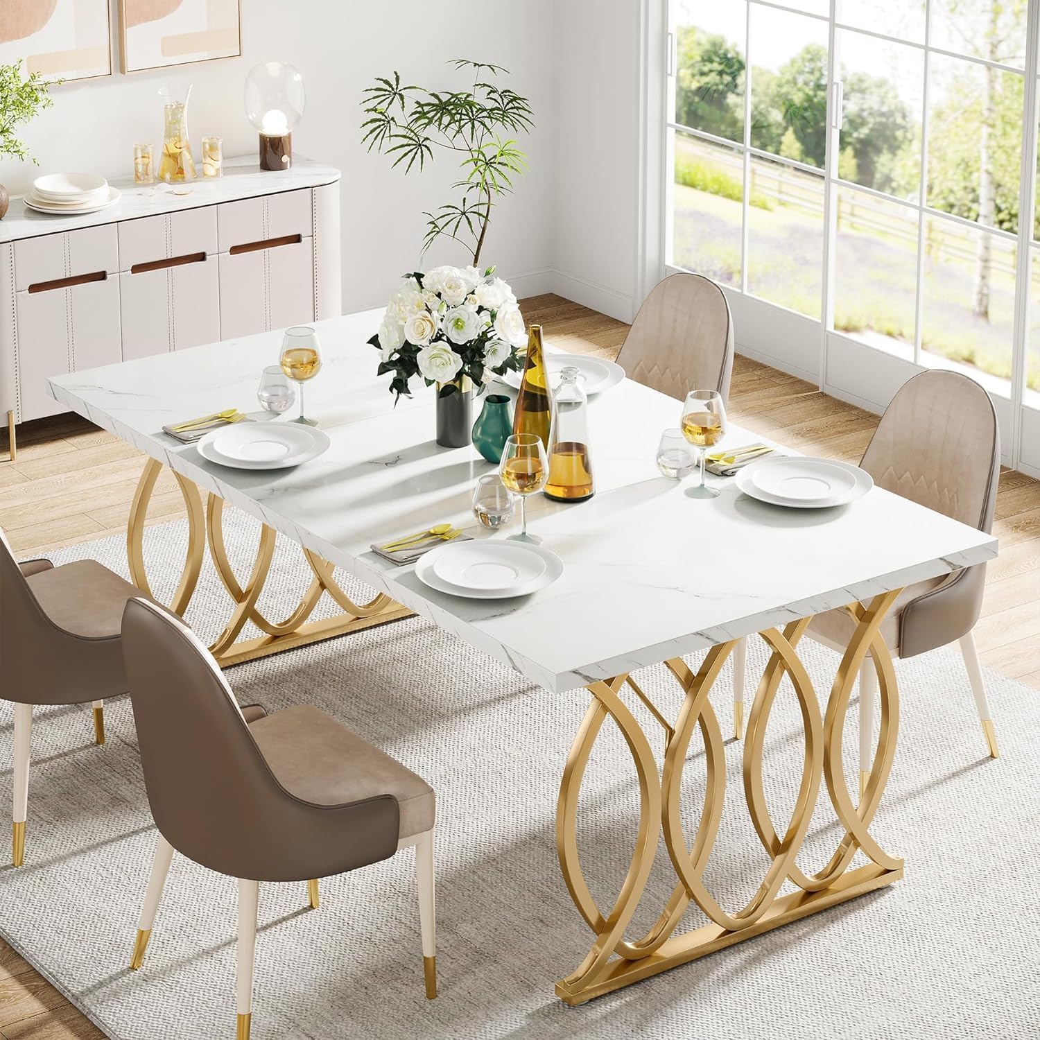 Tribesigns Moderner Esstisch für 6 Personen, Tisch Wohnzimmer, 160 x 80 x 75 cm, Rechteckig, Küchentisch, Esstisch für Esszimmer und Küche, Wohnzimmer, Moderner-Design, Weiß und Gold