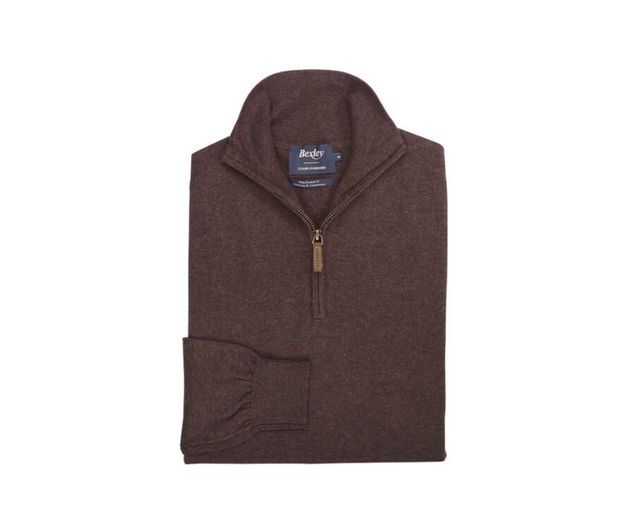 Pull fin homme coton bio/cachemire col zippé Chocolat Foncé - VLAD