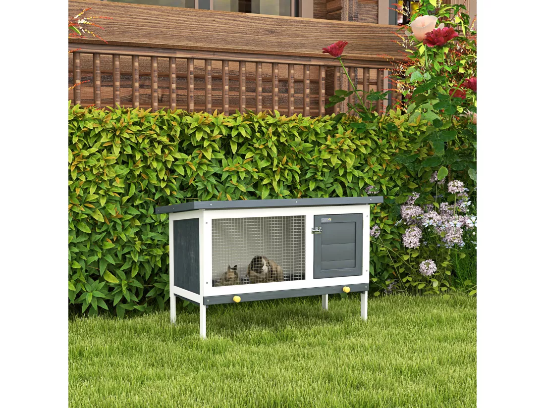 Clapier sur pied cage à lapin avec niche intérieure toit ouvrant porte verrouillable dim. 90L x 45l x 65H cm noir blanc vert