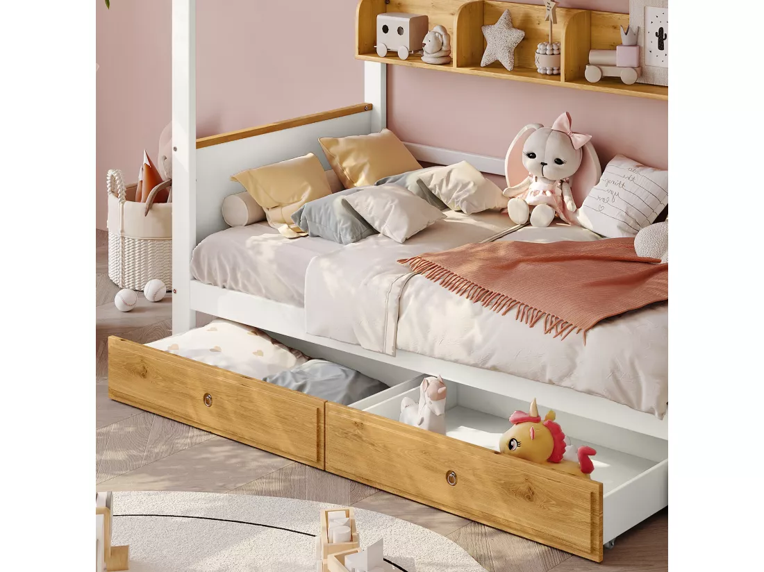 Lit superposé avec escalier de rangement - 90x200cm - 4 casiers dans l'escalier et 2 tiroirs sous le lit - avec sommier à lattes - Blanc