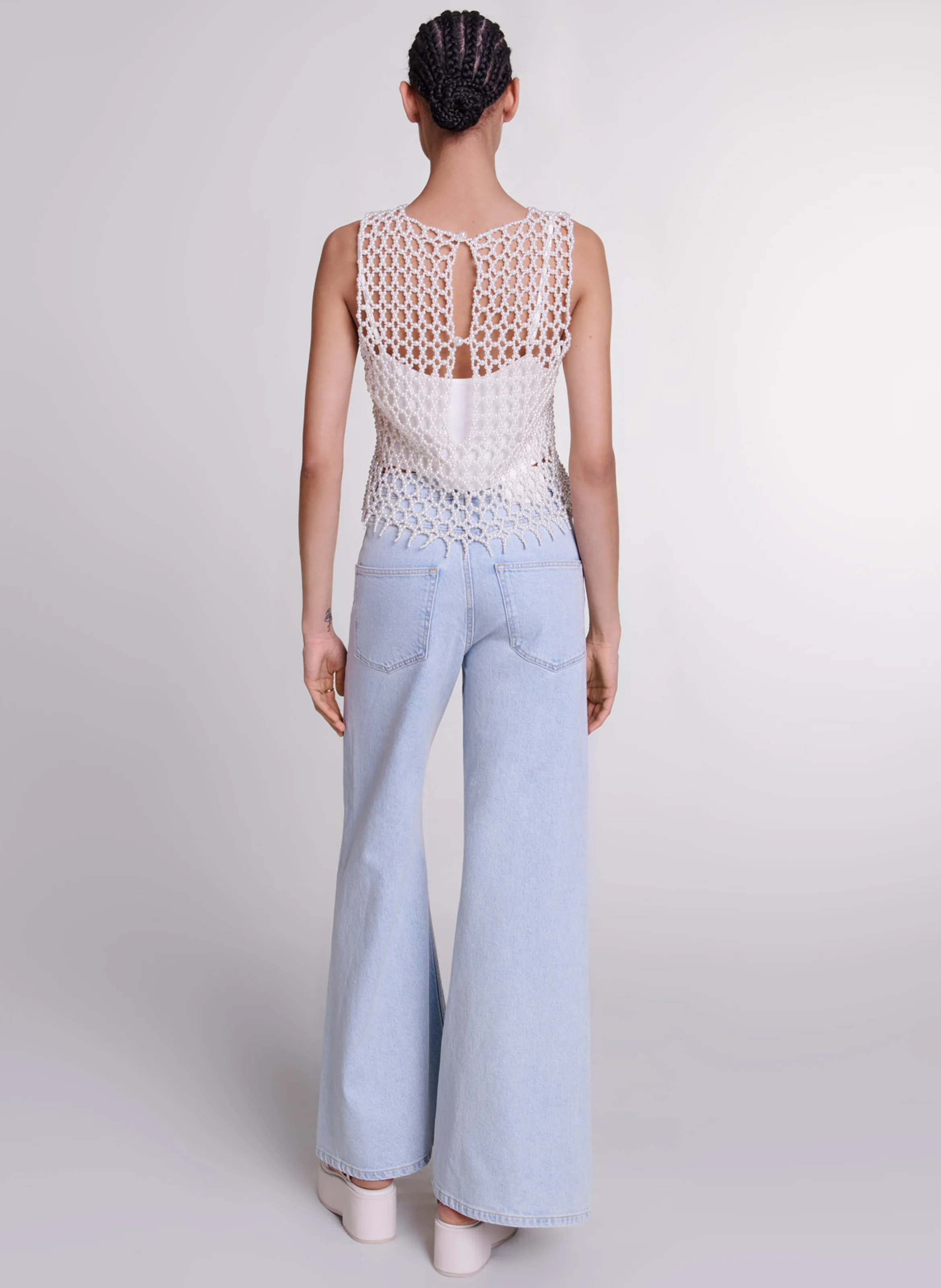 Top en perles droit à col rond | Beige