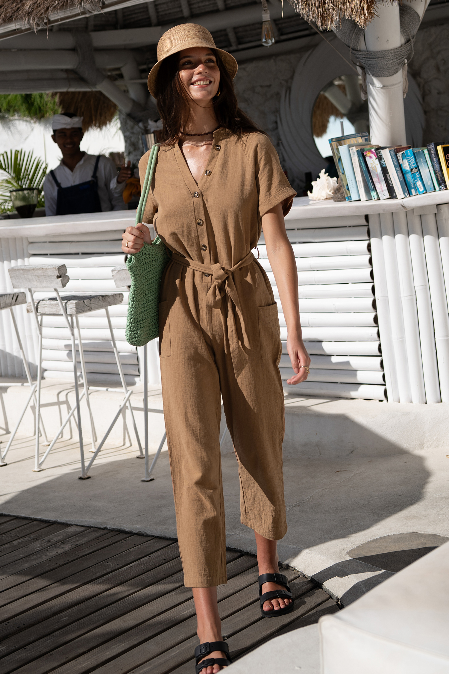 Combinaison en pur coton avec taille à nouer marron
