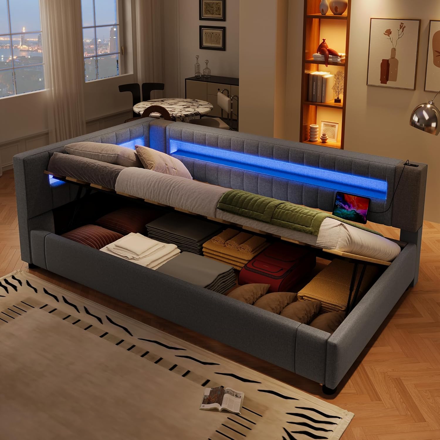 Polsterbett Einzelbett 90x200, Schlafsofa mit Hydraulischem Stauraum&LED-Licht&USB Ladefunktion, Stauraumbett Jugendbett Funktionsbett Gästebett Bettgestell mit Lattenrost, Linen, Ohne Matratze, Grau