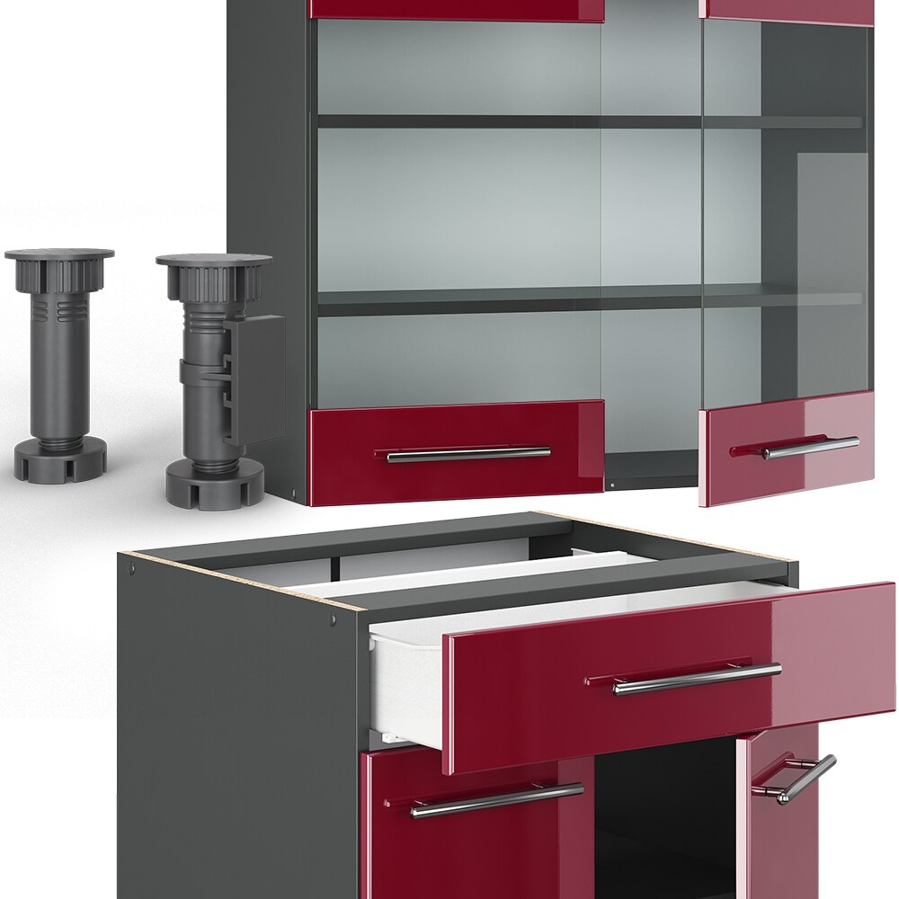 Vicco Küchenzeile Single Einbauküche 140 cm Küchen Bordeaux Hochglanz Fame-Line