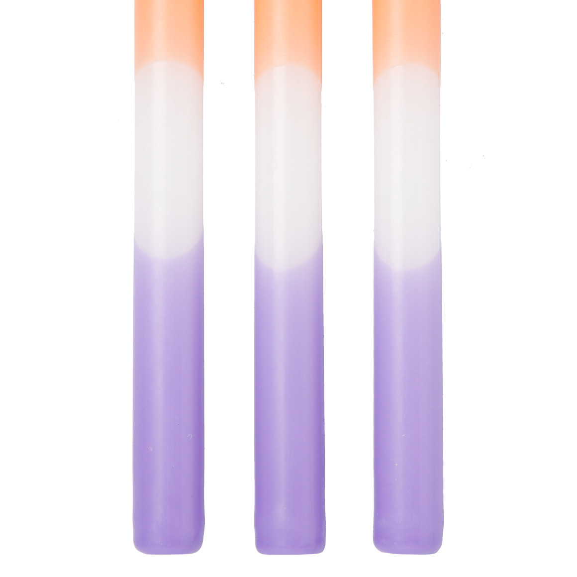 3 Stabkerzen mit  farbigem Muster lila / hellorange / weiss