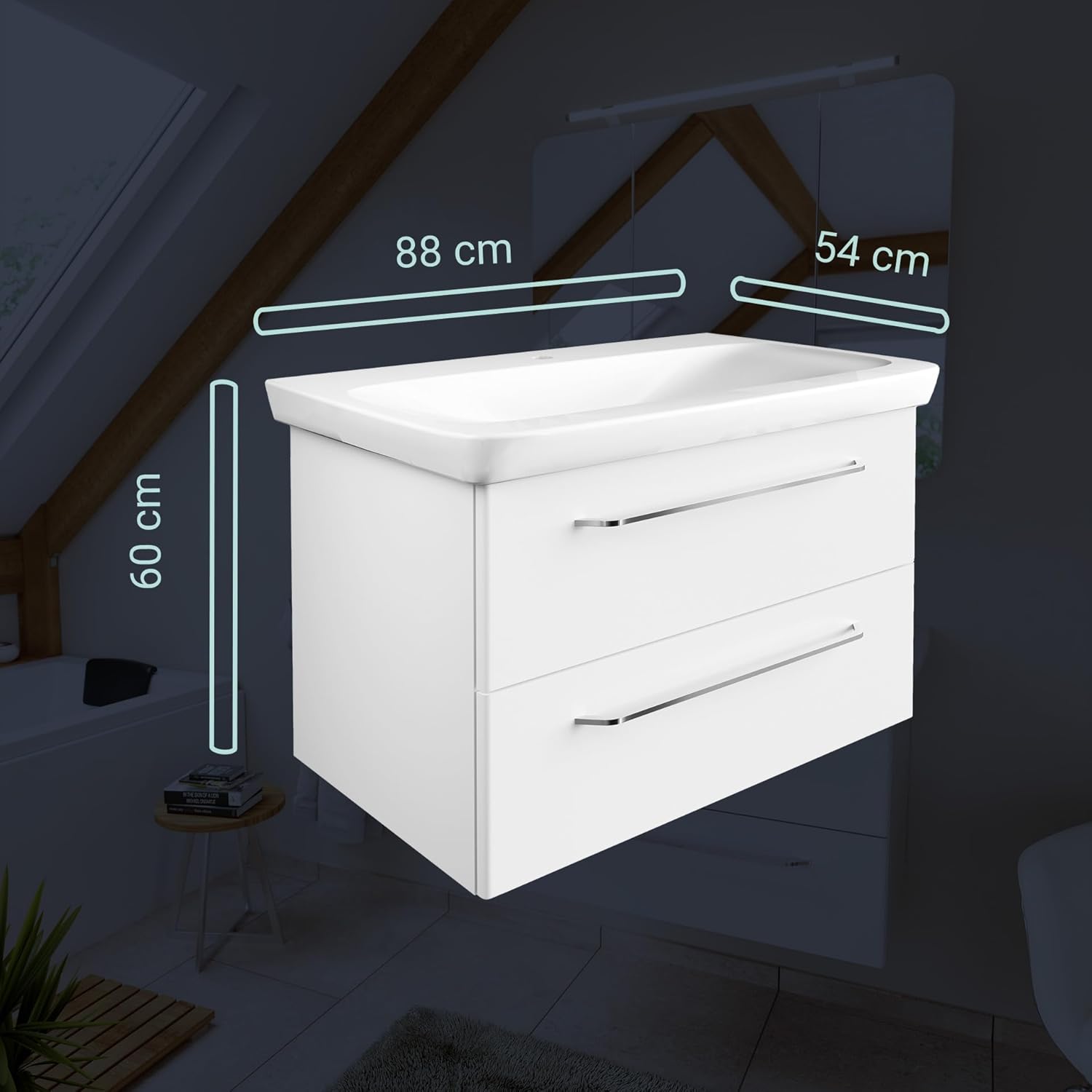 BadeDu NES Badmöbel Set 88cm, Weiß, 2-teilig – Modernes Möbel-Set mit Waschbecken und Unterschrank, Hochglanz Weiß, 2 Schubladen mit Soft-Close System – Made in Germany