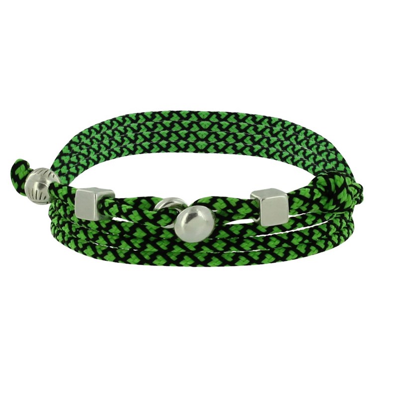 Bracelet Homme Métal Argenté Cubes Fermoir Bouton et Lien en Paracorde - Vert