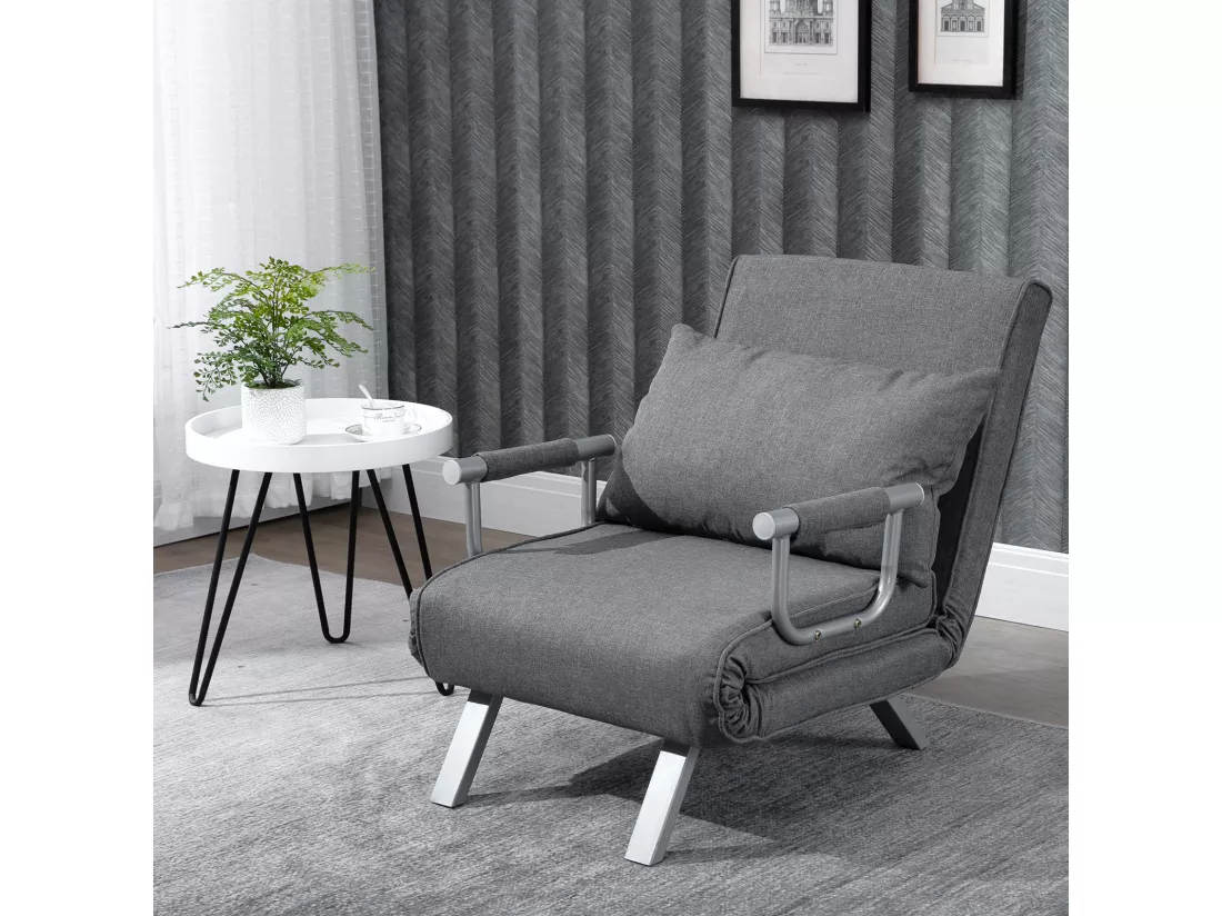 Fauteuil chauffeuse canapé-lit convertible 1 place déhoussable grand confort coussin pieds accoudoirs métal lin gris clair
