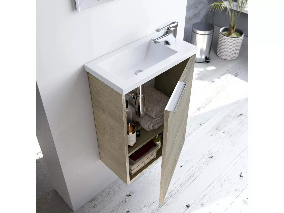 Meuble sous-vasque Dlott, Meuble de salle de bain suspendu, armoire 1 porte avec miroir et lavabo, 40x22h58 cm, Chêne