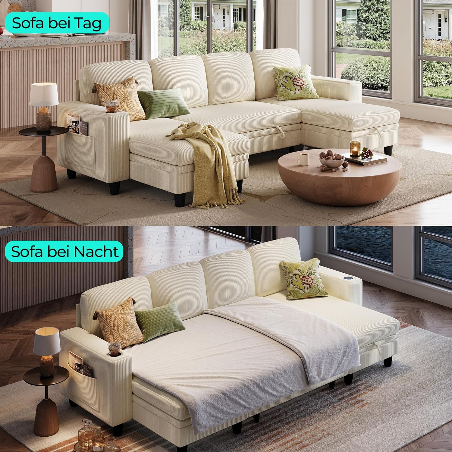 LINSY HOME Schlafsofa Ausziehbarer Couch, Ecksofa mit Schlaffunktion, Stauraum, Cord-Bezug U-Form Modulare Sofas mit Chaiselongue für Wohnzimmer und Wohnungen (Beige, U-Form)