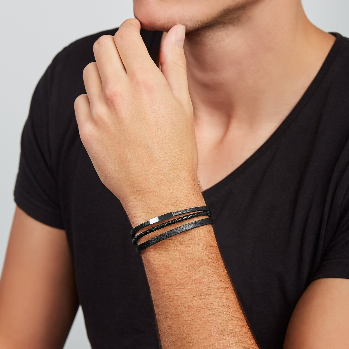 Bracelet FOSSIL acier cuir noir 19,5 cm