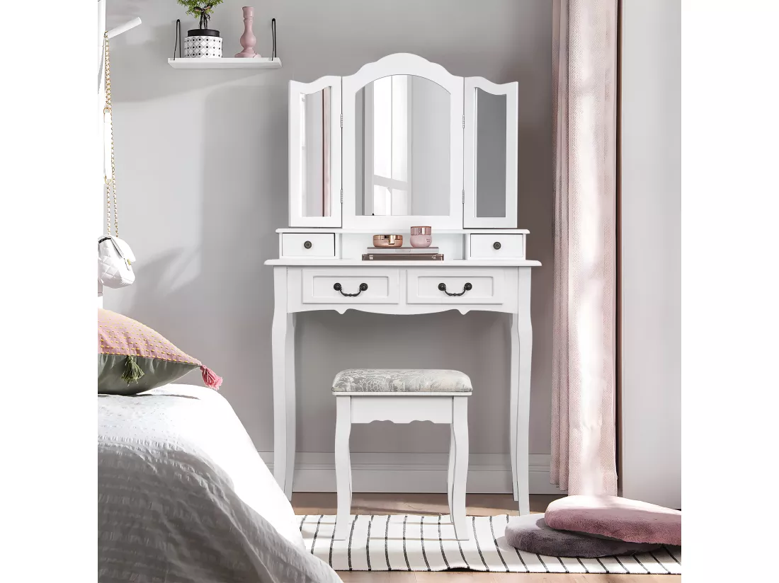Coiffeuse multifonctionnelle + tabouret, trois miroirs, avec quatre tiroirs, MDF, blanc