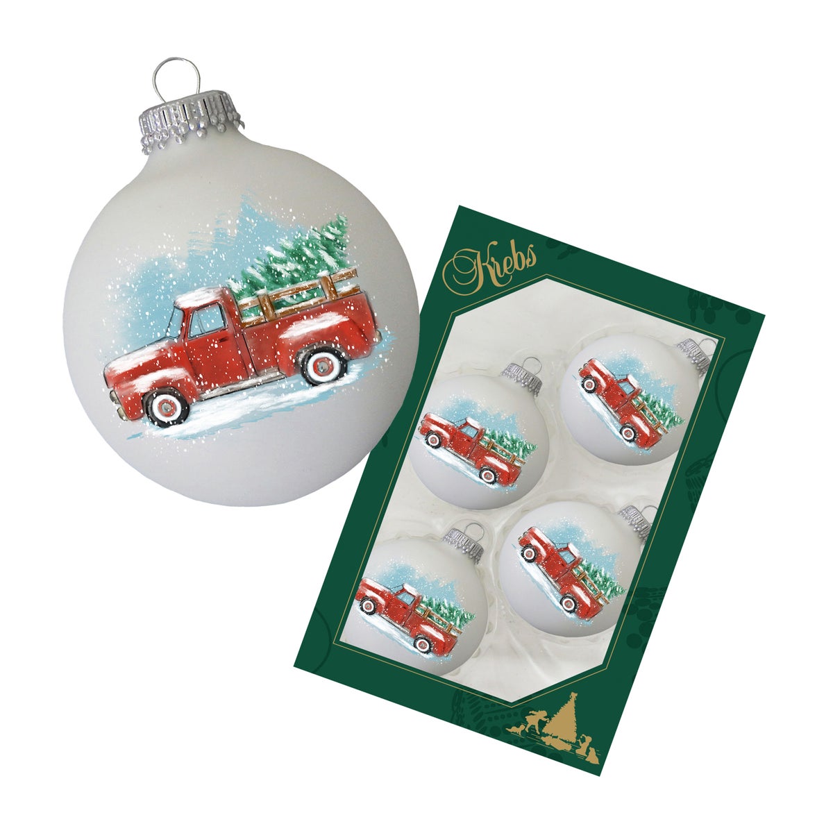 Witte matte glazen bol van 7 cm met opdruk van een nostalgische auto, 4 stuks, kerstballen, kerstversieringen, kerstversieringen voor in de boom
