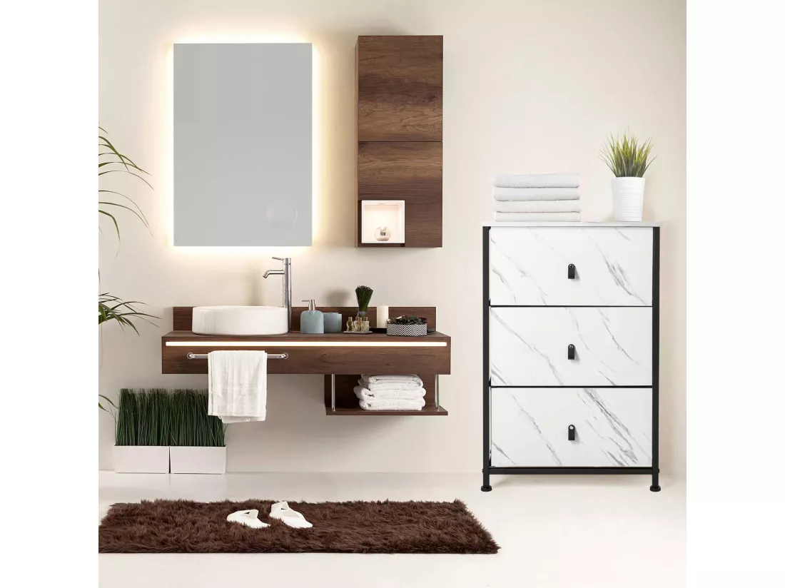 Fedra - Commode 3 tiroirs en tissu, façade et étagère supérieure en bois mélaminé stratifié