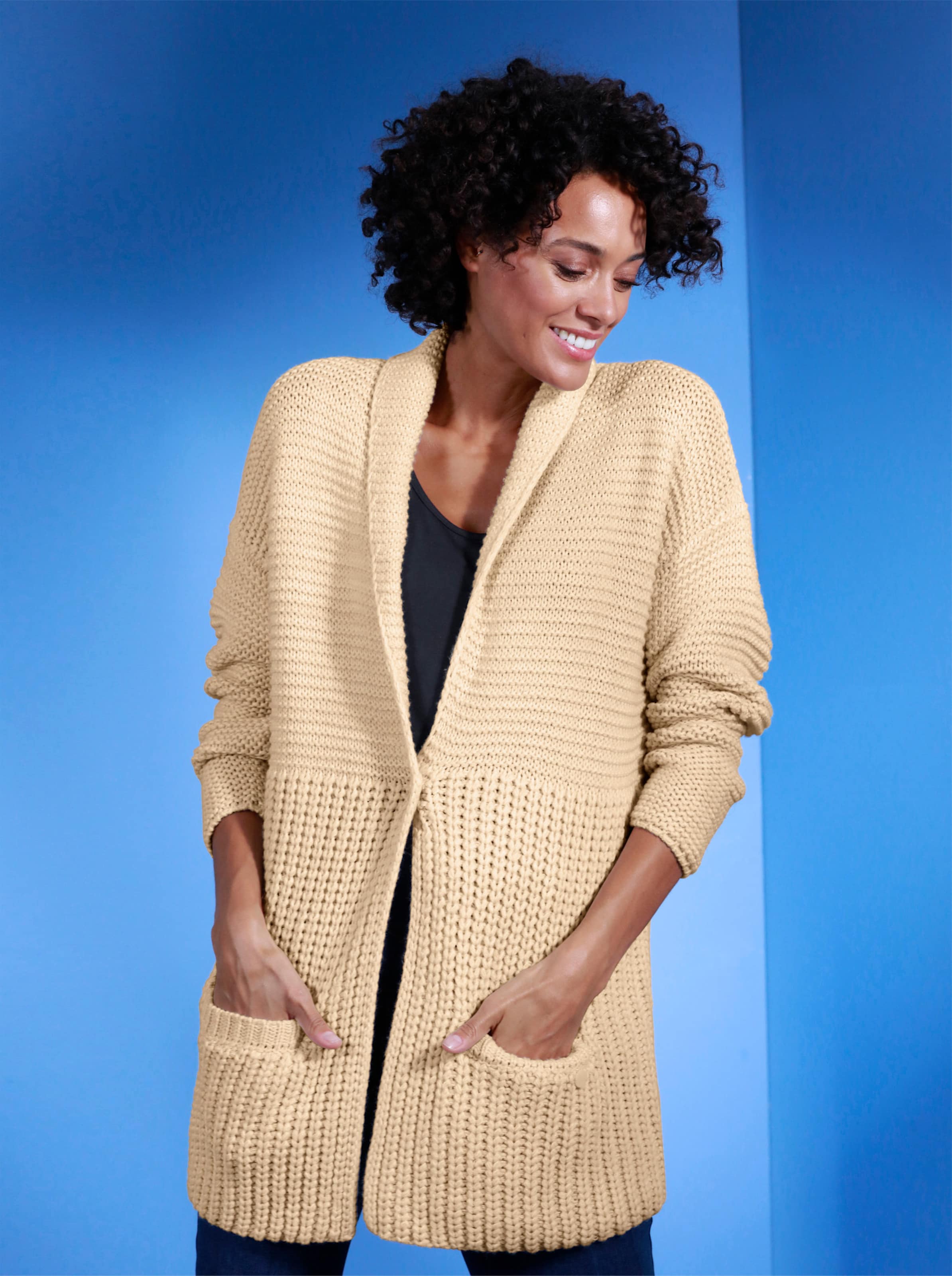 CREATION L PREMIUM Polyacryl-Merino-Strickjacke in elfenbein-champagner-meliert
