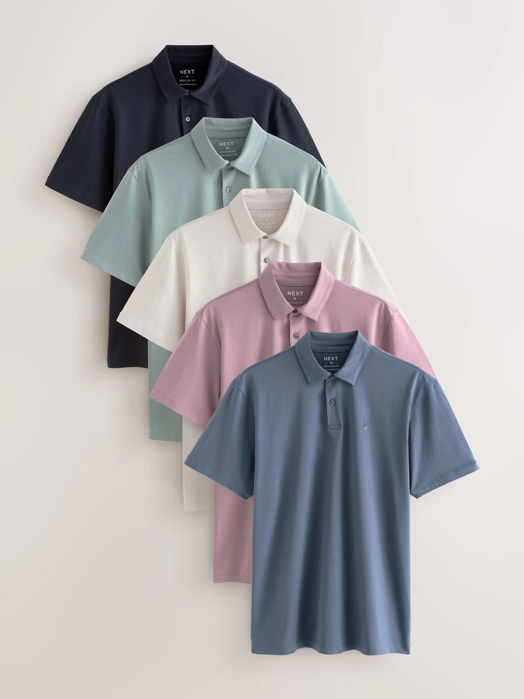 Zwart/Ecru/Blauw/Groen/Roze - Normale Pasvorm - Set van 5 jersey poloshirts met korte mouwen