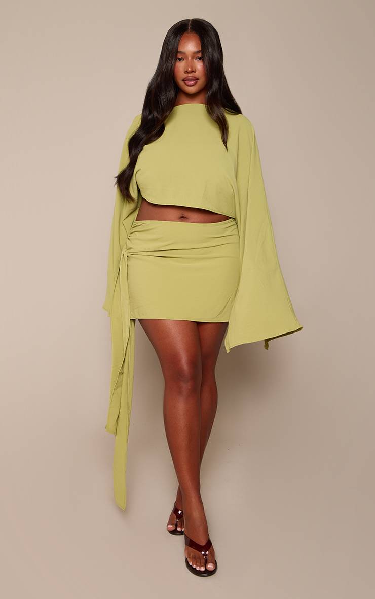 Vert Olive Mini Jupe Co-ord Tissée Fluide Avec Nœud Sur Le Côté Plus