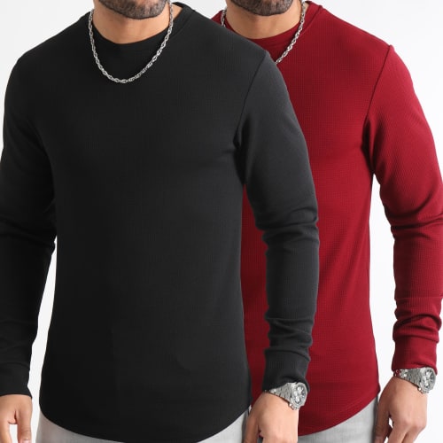 Lot De 2 Tee Shirt Manches Longues Texturé Waffle 0691 Noir Bordeaux