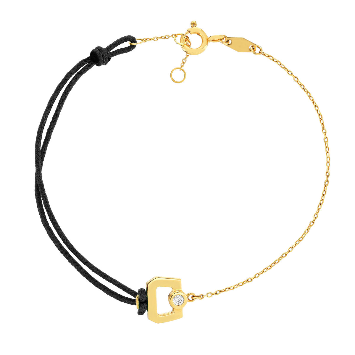 Bracelet boucle chaine or recyclé 750 jaune diamant et cordon noir 18cm
