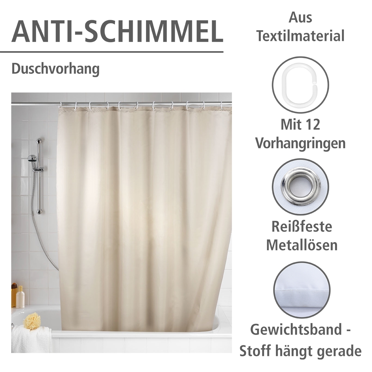 Wenko anti-schimmel douchegordijn 180x200cm polyester uni beige inclusief ringen