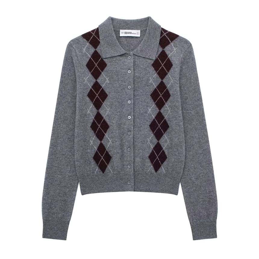 Omelia - Argyle Print Polo-hals Knoopsluiting Cardigan